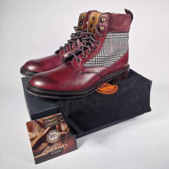 Joseph Cheaney Hope R Burgundy Derby Boots Leather Prince Wales Check US 9 New - Picture 1 of 11